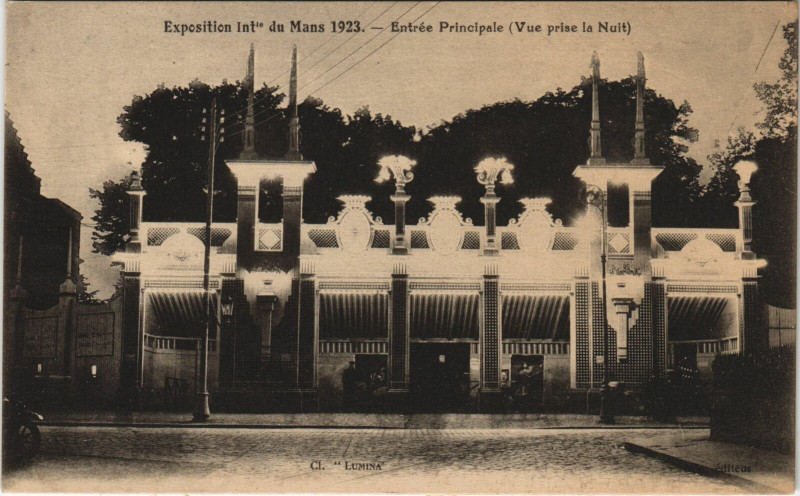 Carte postale ancienne Expo 1911 Le Mans Entrée Principale vue par nuit au Mans