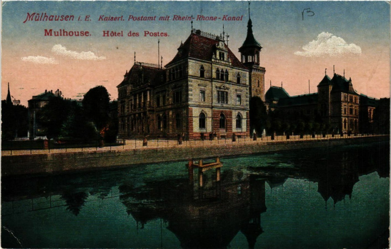 Carte postale ancienne MULHOUSEn Kaisert.Postamt mit Rhein-Rhone-Kanal Mulhouse à Mulhouse