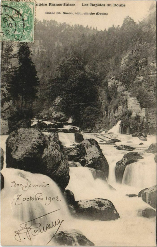 Carte postale ancienne Les Rapides du Doubs - Frontiere Franco-Suisse à Doubs