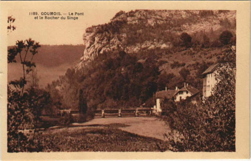 Carte postale ancienne Goumois Le Pont et le Rocher du Singe à Goumois