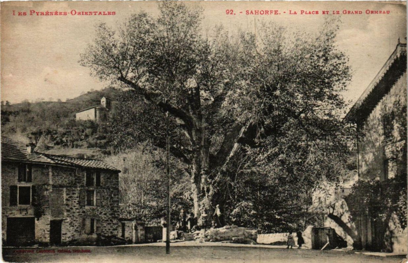 Carte postale ancienne Sahorre La Place et le Grand Ormeau à Sahorre