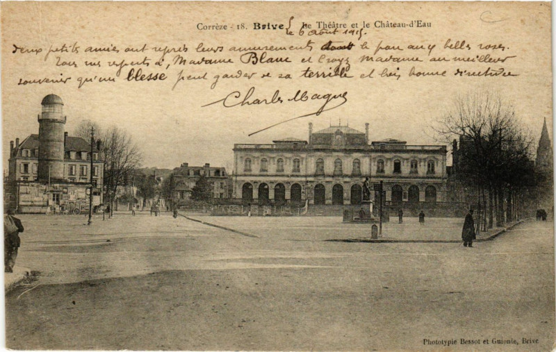Carte postale ancienne Brive - Le Theatre et le Chateau-d'Eau