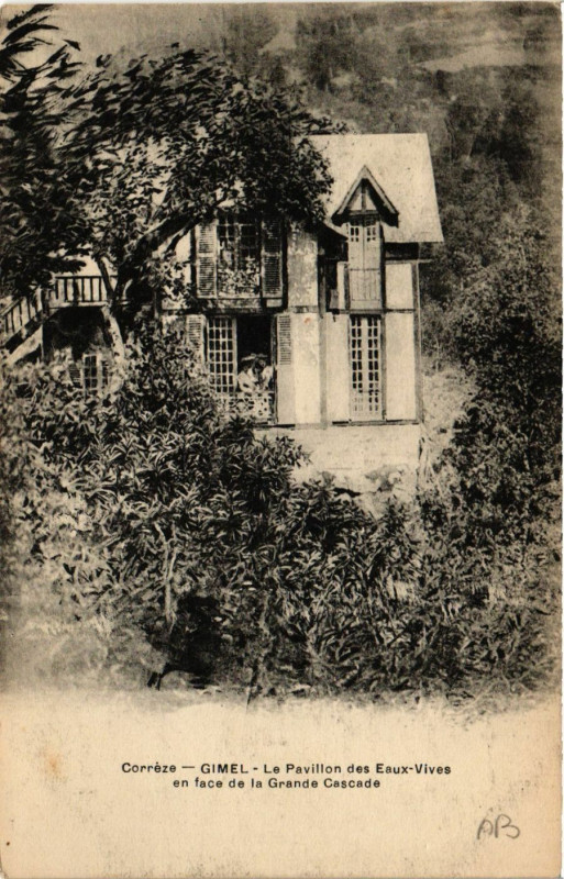 Carte postale ancienne Gimel - Le Pavillon des Eaux-Vives en face de la Grande Cascade