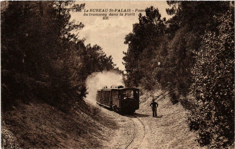 Carte postale ancienne Bureau Saint-Palais Passage du tramway dans la Foret