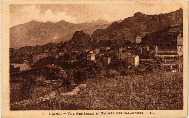 Carte postale ancienne Piana - Vue générale et entrée des Calanches Corse à Piana