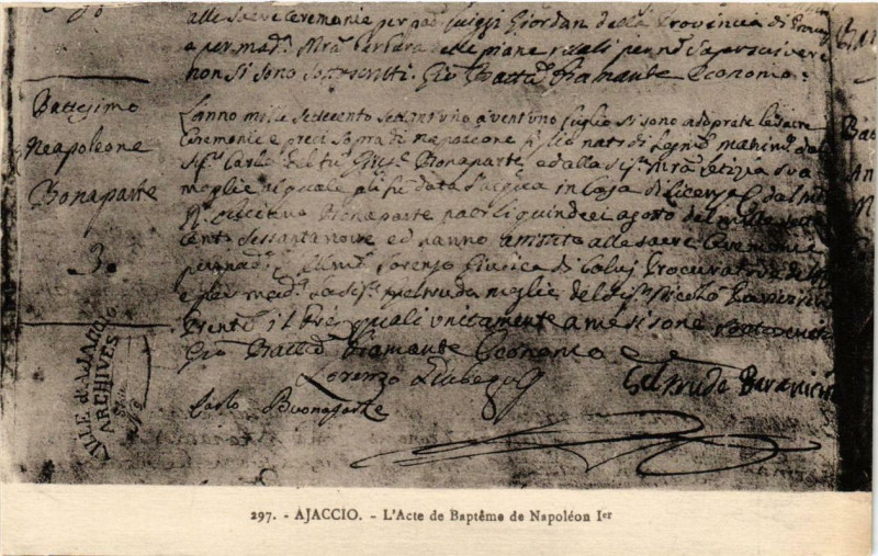 Carte postale ancienne Ajaccio - Acte de Baptéme de Napoléon 1er Corse à Ajaccio