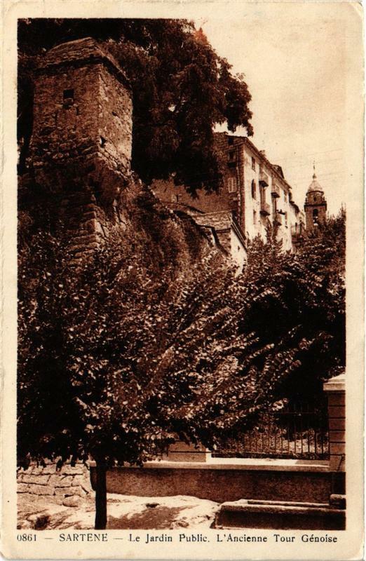 Carte postale ancienne Sartene- Le Jardin Public. Ancienne Tour Genoise Corse à Sartène