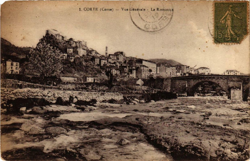 Carte postale ancienne Corse Corte - Vue générale La Restonica à Corte