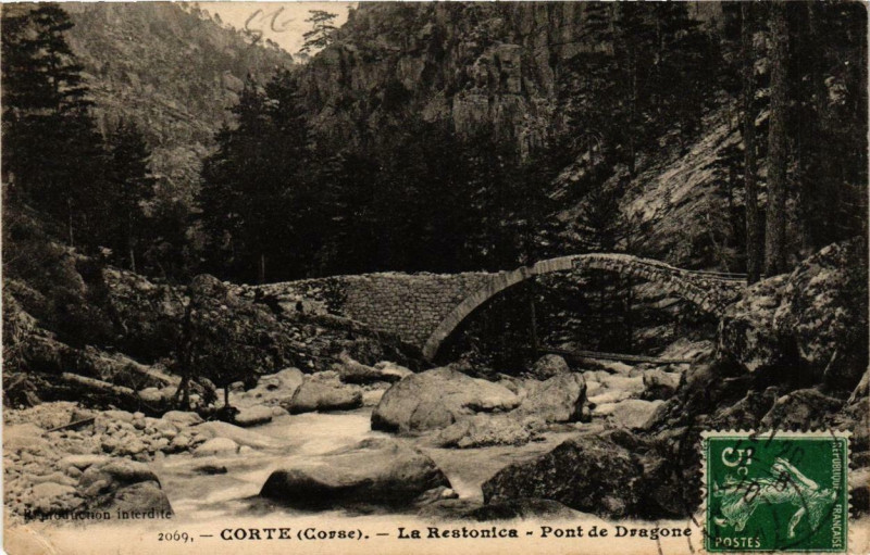 Carte postale ancienne Corse - Corte - La Restonica Pont de Dragone à Corte