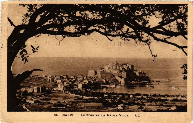 Carte postale ancienne Corse - Calvi - Le Port et la haute ville à Calvi