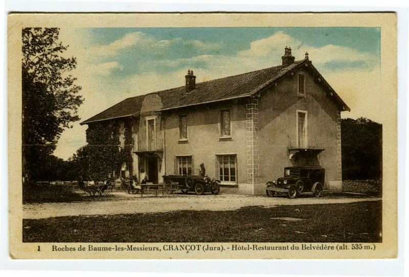Carte postale ancienne Jura Crançot Hôtel-Restaurant du Belvédère animé voiture