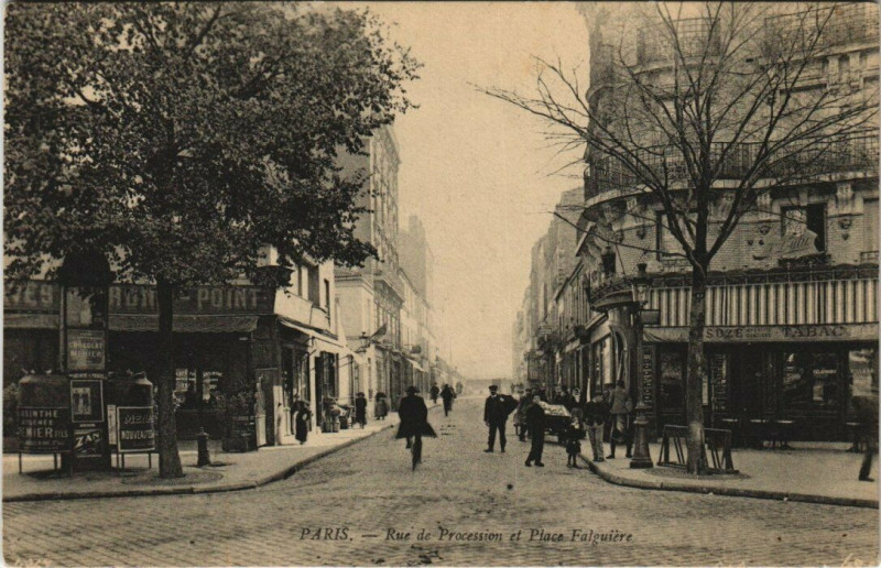 Carte postale ancienne Rue de Procession et Place Falguière à Paris 15e
