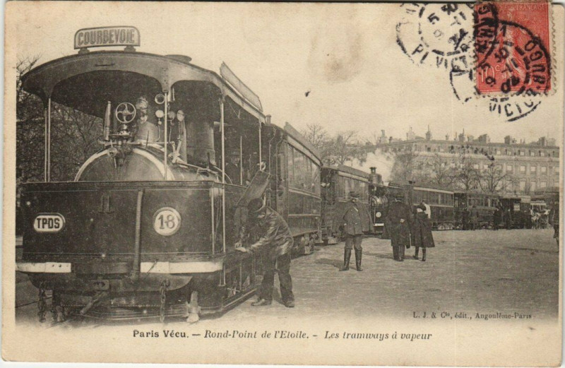Carte postale ancienne Paris Vécu. Rond-Point de l'Etoile. Les Tramways a vapeur à Paris
