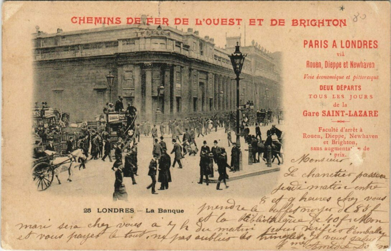 Carte postale ancienne Londres La Banque. Chemin de fer publicite