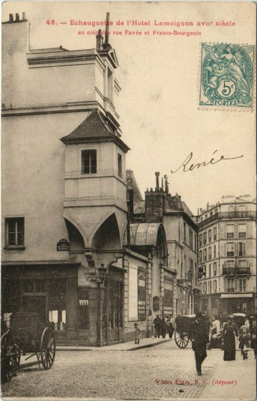 Carte postale ancienne Vieux Paris 4e rue de Pave et Francs-Bourgeois. Hotel Lamoignon à Paris 4e