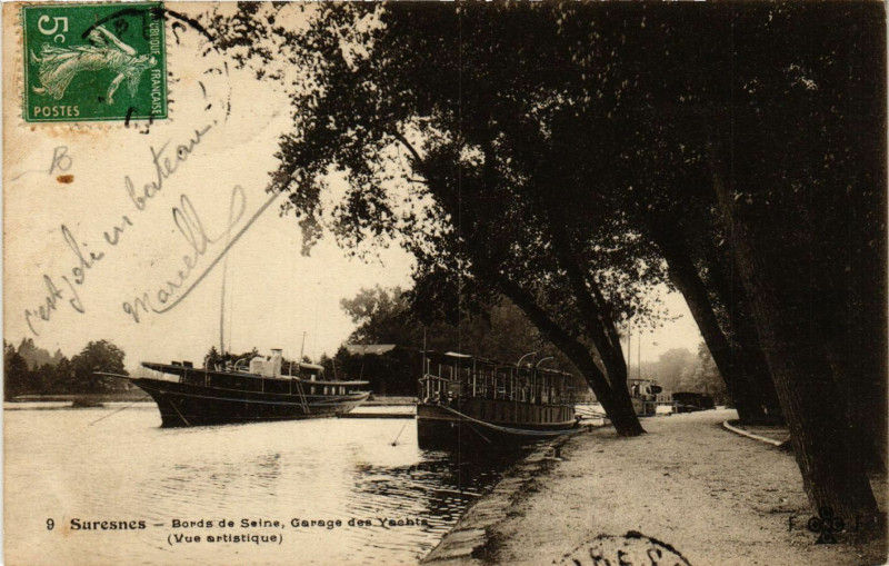 Carte postale ancienne Suresnes - Bords de Seine Garage des Yachts (Vue artistique) à Suresnes