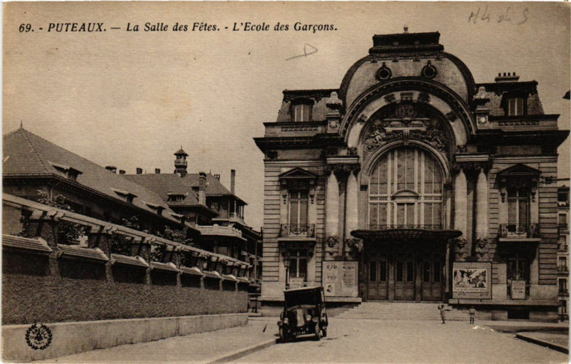 Carte postale ancienne Puteaux - La Salle des Fetes - L'Ecole des Garcons à Puteaux