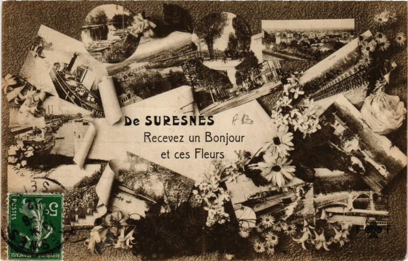 Carte postale ancienne De Suresnes Recevez un Bonjour et ces Fleurs à Suresnes