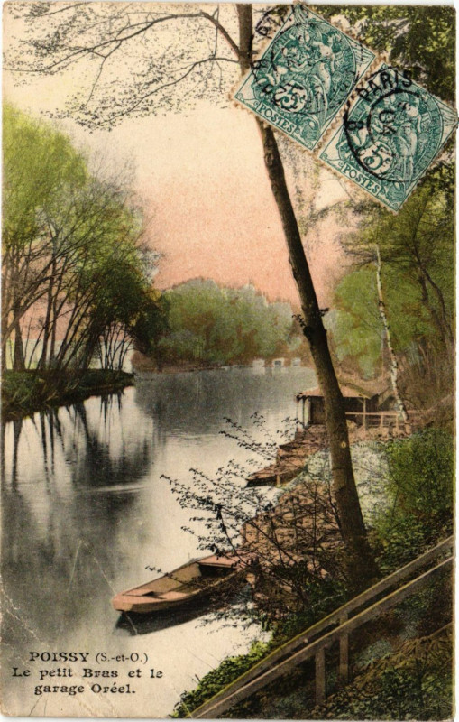Carte postale ancienne Poissy - Le petit Bras et le garage Oréel