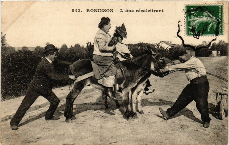Carte postale ancienne Robinson - L'ane récalcitrant