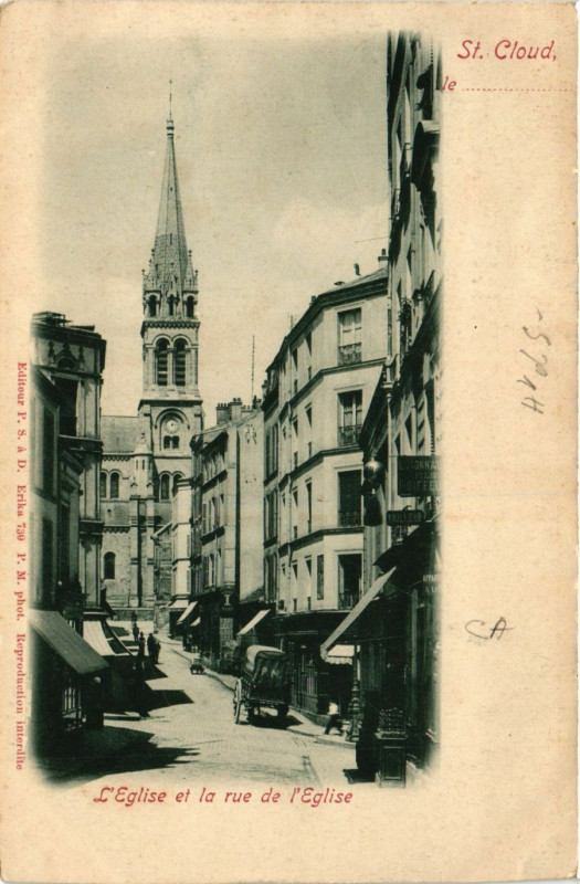 Carte postale ancienne Saint-Cloud le . . . - L'Eglise et le rue de l'Eglise à Saint-Cloud