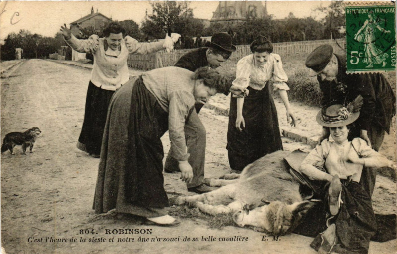 Carte postale ancienne Robinson - C'est heure de la sieste et notre ane n'n de sa belle