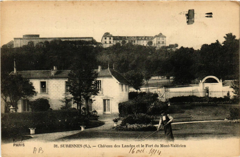 Carte postale ancienne Suresnes (S. ) - Chateau des Landes et le Fort du Mont-Valérien à Suresnes