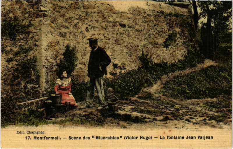 Carte postale ancienne Montfermeil Scene des Misérables (Victor Hugo) La fontaine à Montfermeil
