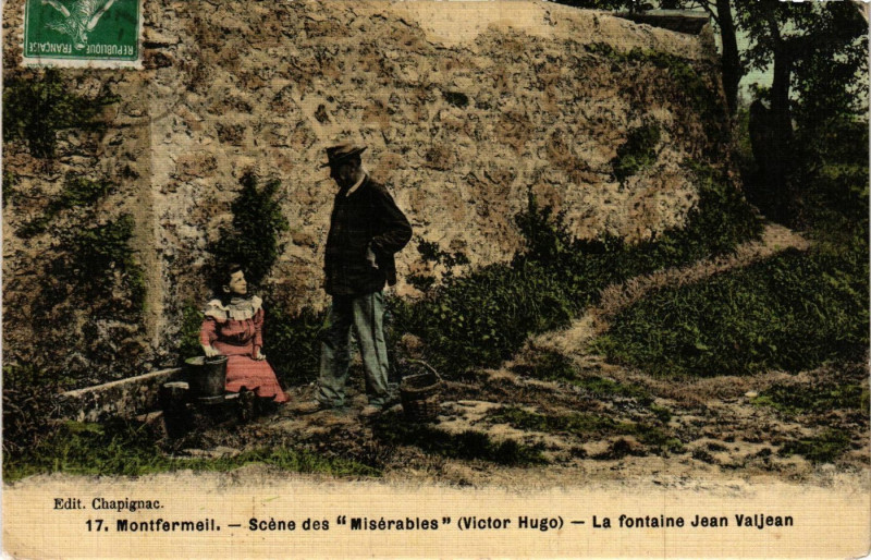 Carte postale ancienne Montfermeil Scenes des Misérables (Victor Hugo) La fontaine à Montfermeil