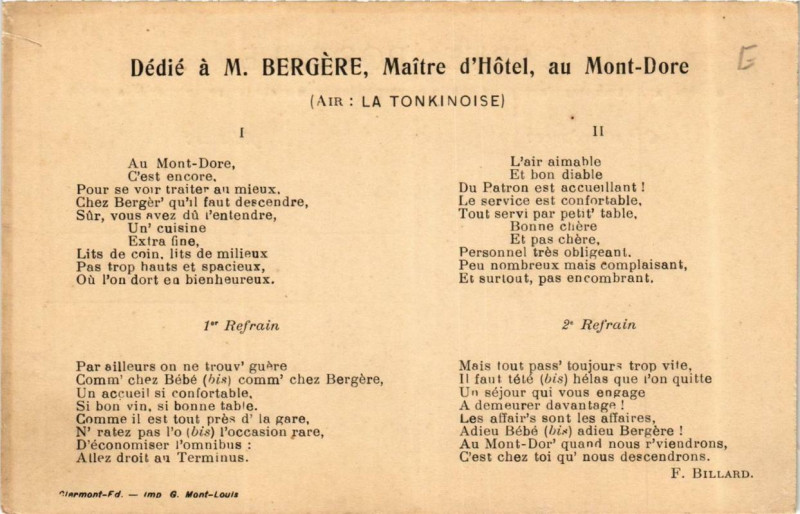 Carte postale ancienne Le Mont-Dore Dédié a M. Bergere Maitre d'Hotel à Mont-Dore