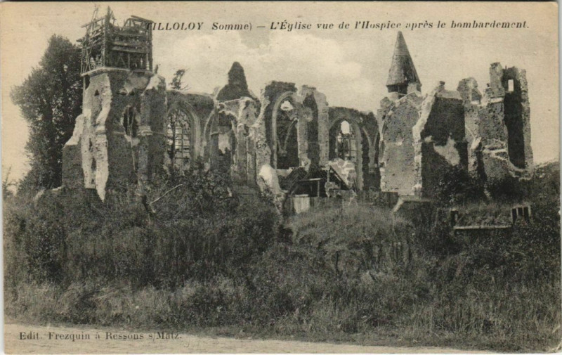 Carte postale ancienne Guerre Tilloloy Eglise apres le bombardement à Tilloloy