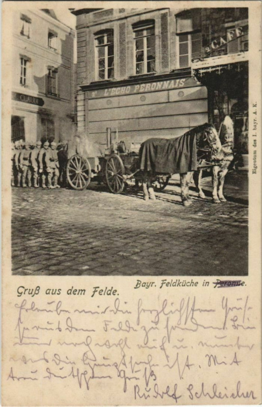 Carte postale ancienne Guerre Peronne Bayr. Feldküche à Y