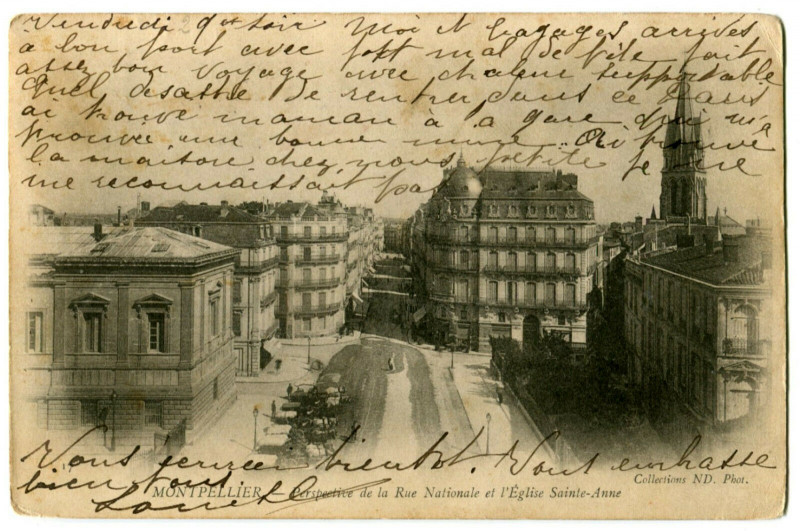 Carte postale ancienne Hérault Montpellier Perspective rue Nationale et Eglise Sainte-Anne à Montpellier