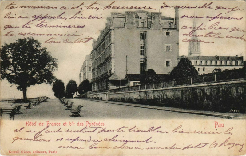 Carte postale ancienne Pau Hotel de France et Boulevard des Pyrenees France à Pau