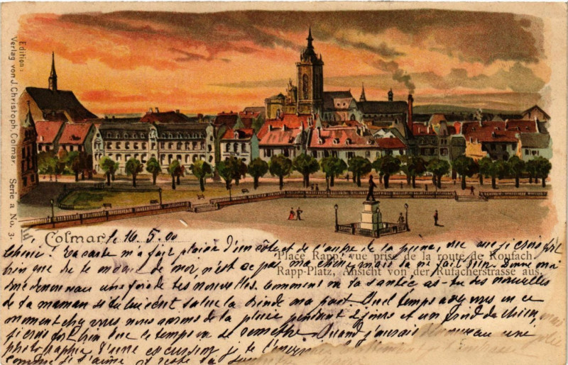 Carte postale ancienne Colmar - Place Rapp vue prise de la route de Roufach à Colmar