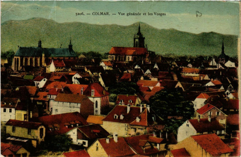 Carte postale ancienne Colmar - Vue générale et les Vosges à Colmar