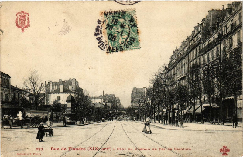 Carte postale ancienne Rue de Flandre - Pont du Chemin de fer de Ceinture à Paris 19e