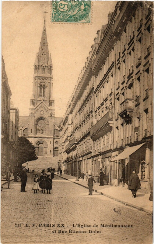 Carte postale ancienne L'Eglise de Ménilmontant et Rue Etienne Dolet à Paris 20e