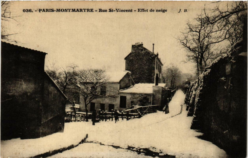 Carte postale ancienne Montmartre - Rue Saint-Vincent - Effet de neige à Paris 18e