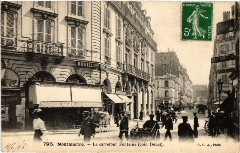 Carte postale ancienne Montmartre - Le carrefour Fontaine - coin Douai à Paris 9e
