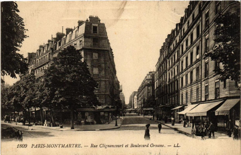 Carte postale ancienne Montmartre - Rue Clignancourt et Boulevard Ornano à Paris 18e