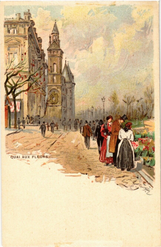 Carte postale ancienne Paris 4e Quai aux Fleurs. Litho à Paris 4e