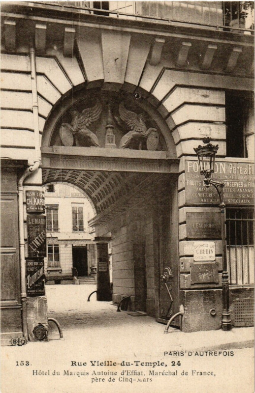 Carte postale ancienne Paris 4e 24 Rue Vieille-du-Temple. Hotel Effiat à Paris 4e