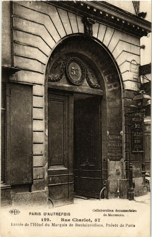 Carte postale ancienne Paris 3e 57 Rue Charlot. Hotel du Marquis de BoulainVILLIERS à Paris 3e