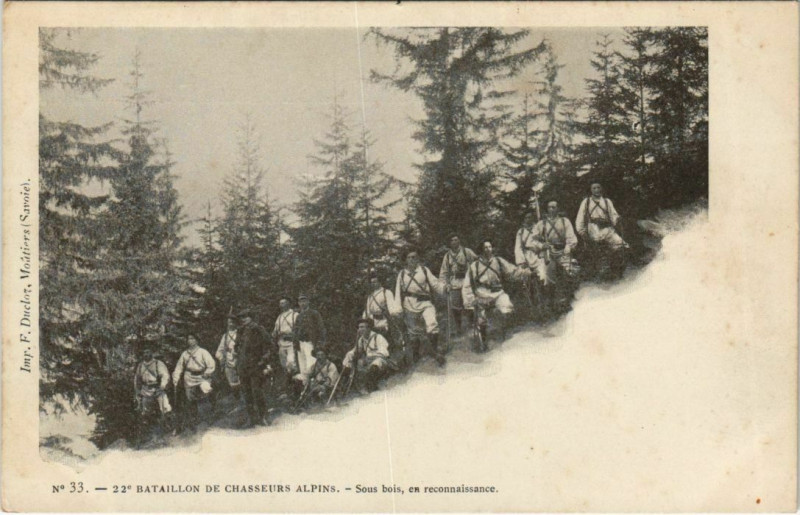 Carte postale ancienne 22. Bataillon de Chasseurs Alpins - Sous Bois - En Reconnaissance