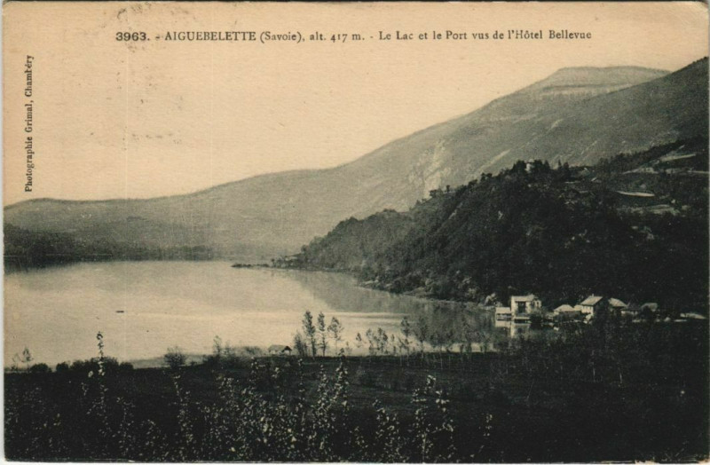 Carte postale ancienne Aiguebelette Le Lac et le Port vus de l'Hotel Bellevue à Aiguebelette-le-Lac