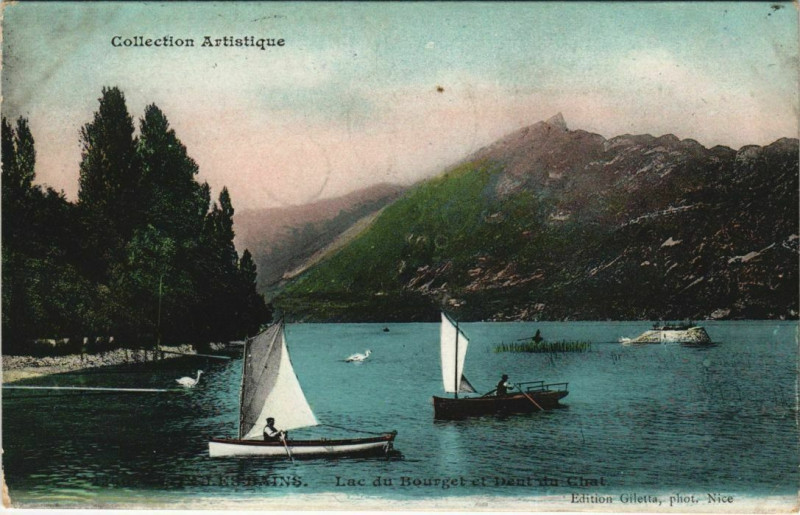 Carte postale ancienne Aix-les-Bains Lac du Bourget et Dent du Chat à Aix-les-Bains