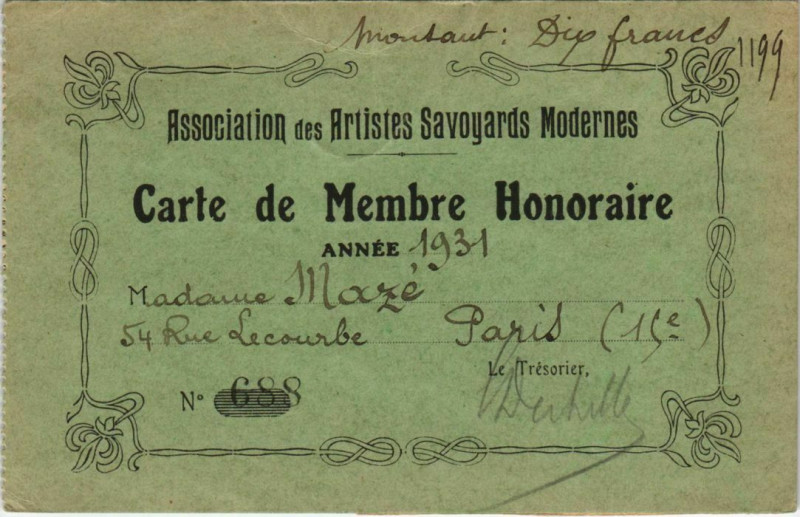 Carte postale ancienne Association des Artistes Savoyards Modernes - Carte de Membre