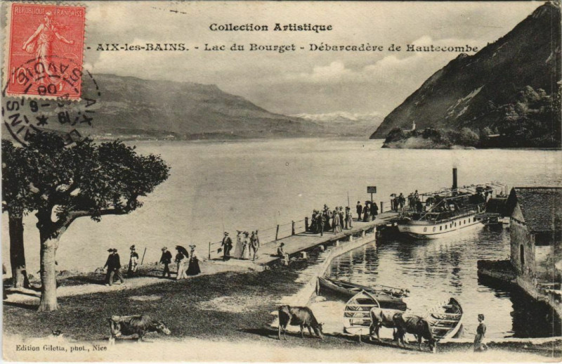 Carte postale ancienne Aix-les-Bains Lac du Bourget - Debarcadere de Hautecombe à Aix-les-Bains