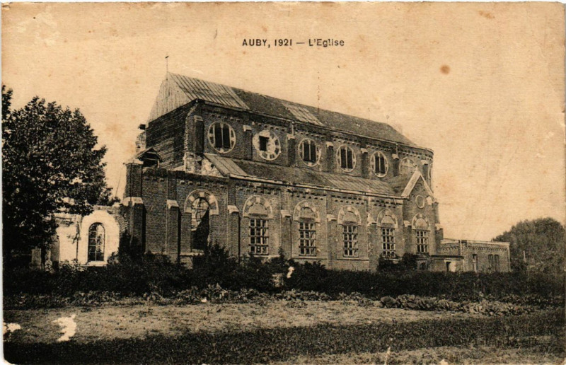 Carte postale ancienne Auby 1921 - L'Eglise à Auby